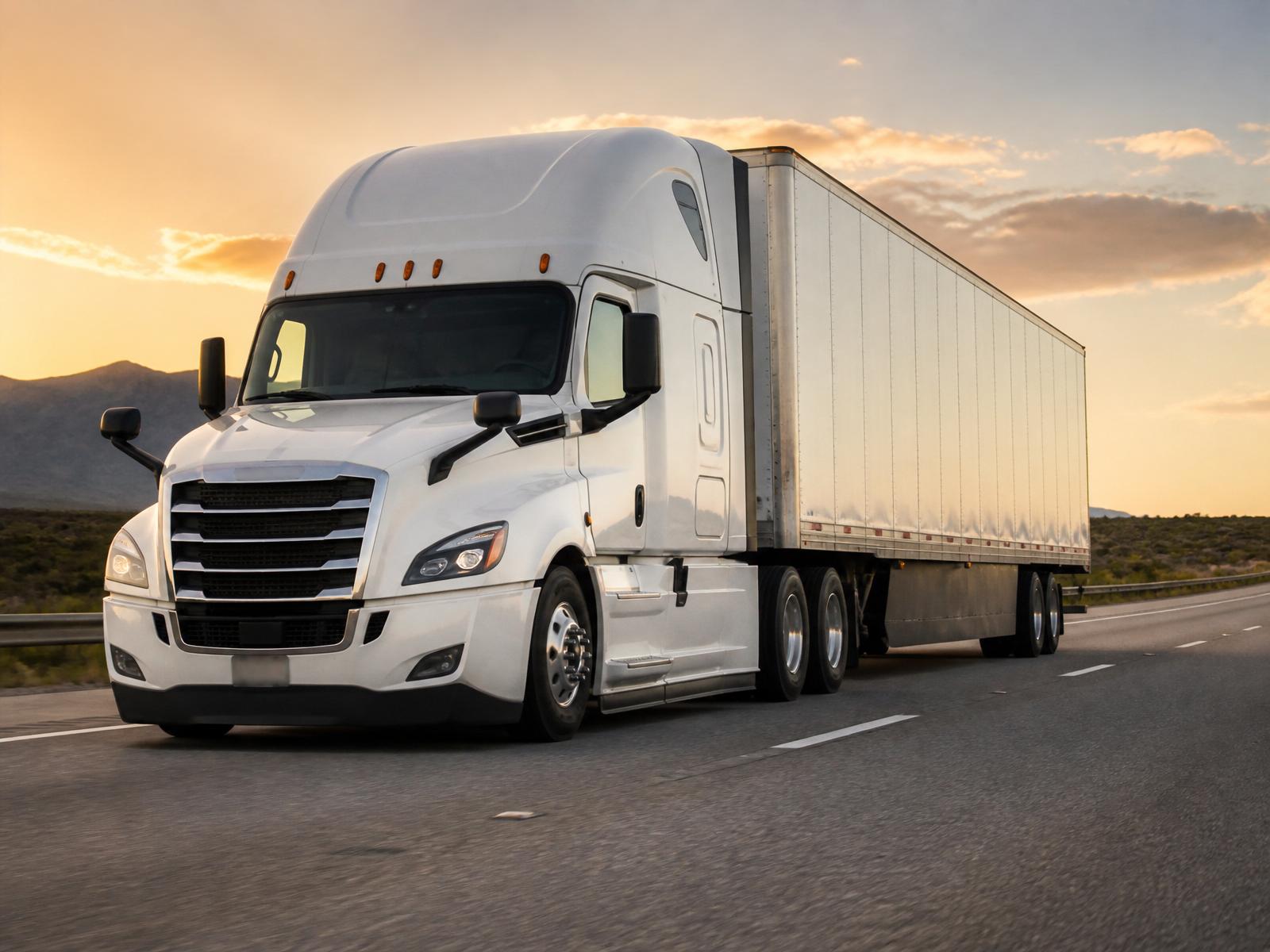White Freightliner Cascadia semi truck on an American highway at sunset